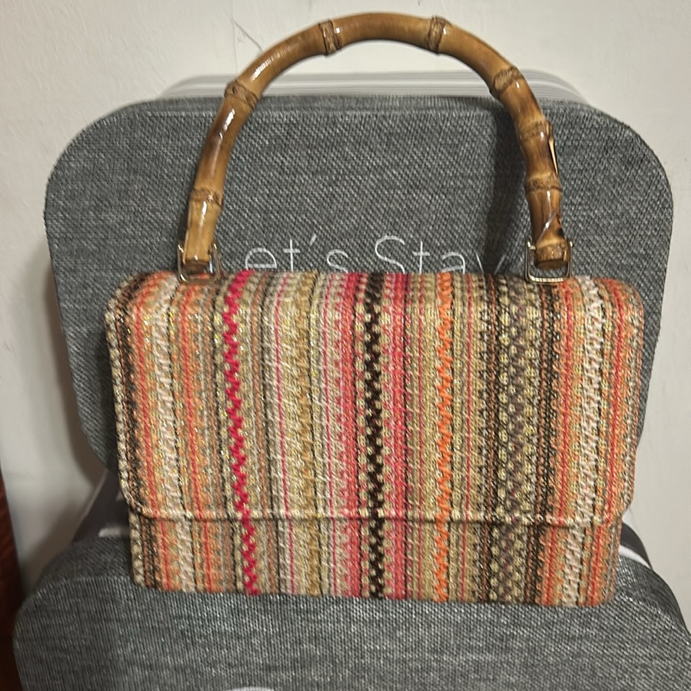 NWOT MultiColored Embroidered Stripe Purse with Bamboo handle & crossbody strap
